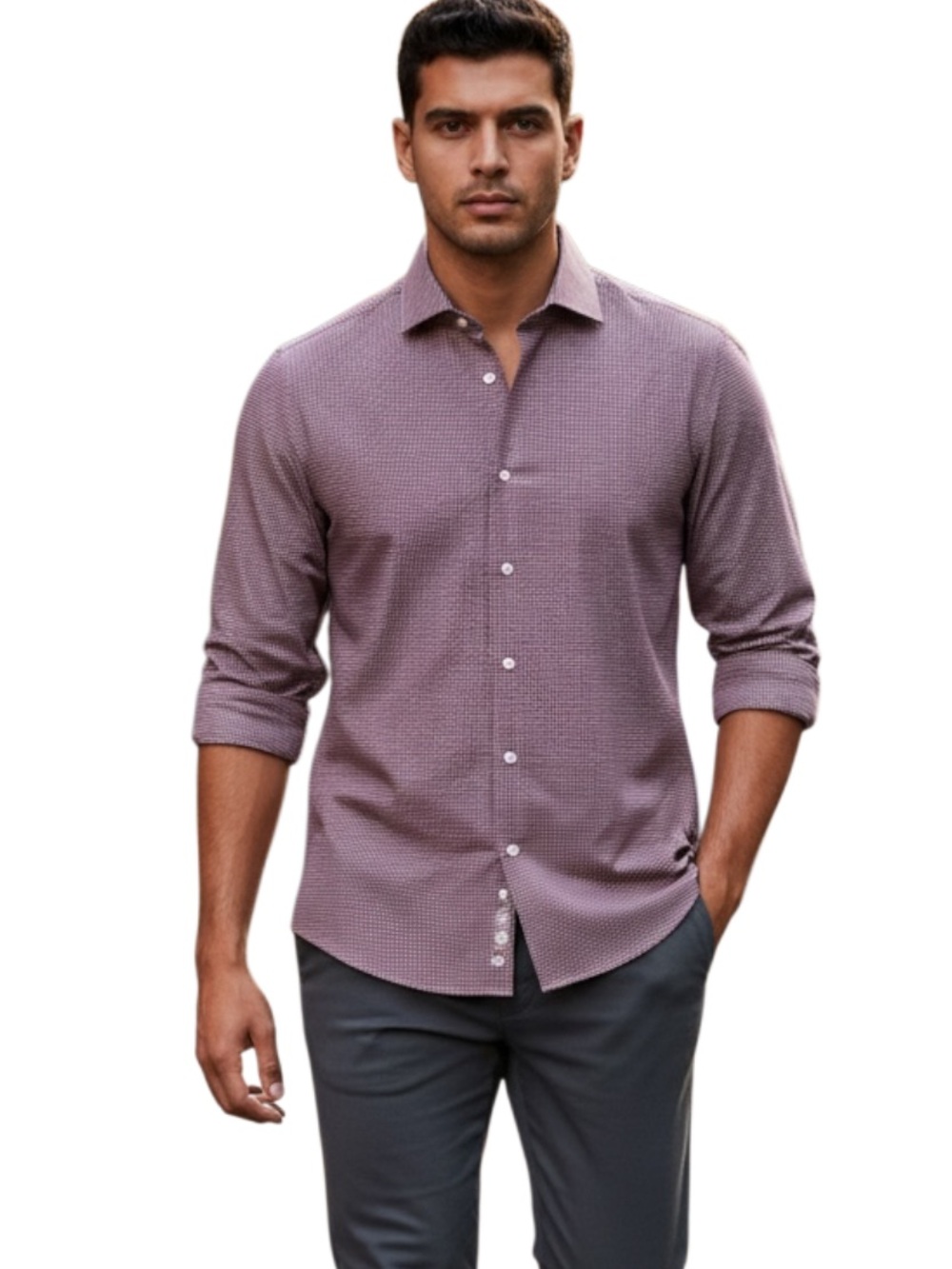 Egara Men's Long-Sleeve Button-Down Shirt in Mauve Check